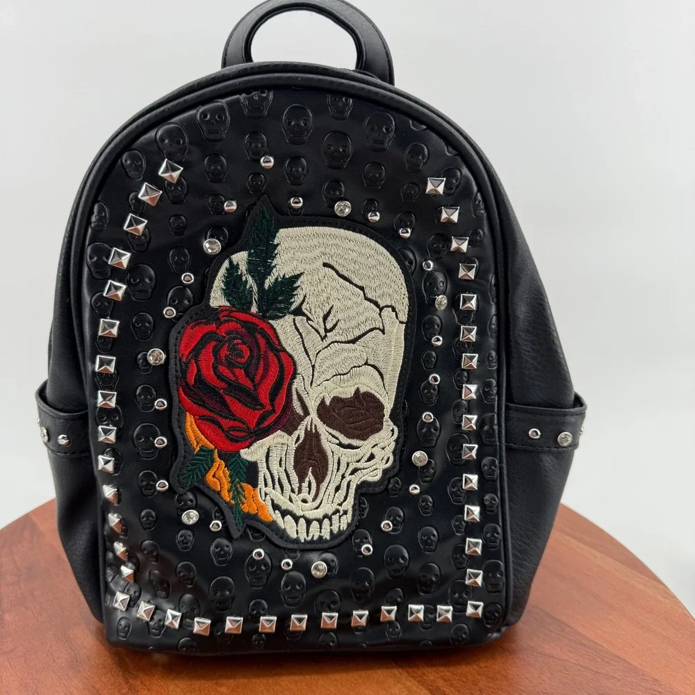 Black Faux Leather Skull Rose Embroidered Studded Mini Backpack Goth Edgy‎ New